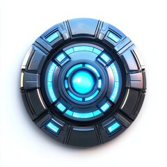 Naklejka premium glowing blue arc reactor with sleek metal framing and high-tech design, isolated on a clean white background
