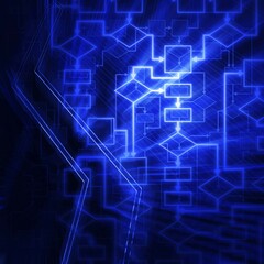 Abstract glowing flowchart diagram. Software development. Computer program algorithm. Information technology conceptual background in blue