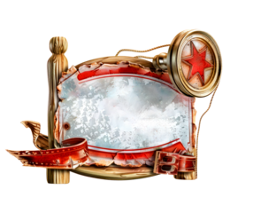 Empty, weathered wooden sign decorated with red star, ribbon, and transparent background, perfect for adding custom messages