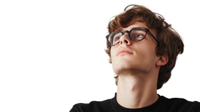 Young man with glasses gazes upward in thoughtful contemplation against a plain background - Powered by Adobe