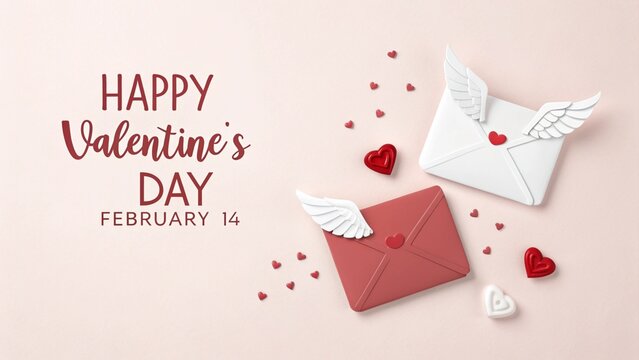 flying heart envelopes valentine's day, Happy valentine's day text with flying love letter envelope romantic elements.