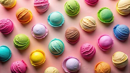 Obraz premium A delightful arrangement of colorful ice cream scoops, each nestled in a pastel-hued cup, creates a vibrant and sweet pattern against a soft pink background.