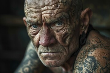 Portrait, face of an older soldier marked by war with wrinkles and tattoos, AI generated, AI generated