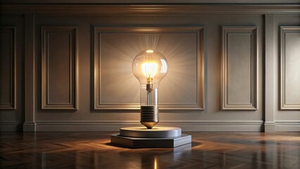 Illuminated Idea A Glowing Bulb on a Polished Hexagonal Pedestal in an Elegant Room with Paneled Walls