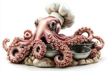Obraz premium Chef octopus figurine with multiple bowls.