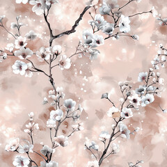 Elegant cherry blossom pattern with soft beige watercolor background