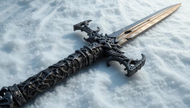 Ornate sword resting on snow