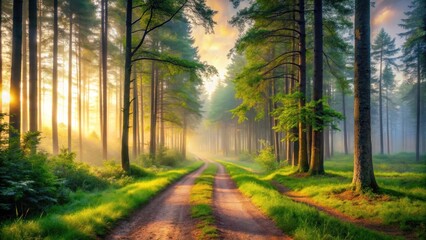 Obraz premium A serene and misty forest landscape at dawn with tall trees and a winding path leading into the distance, woods, path, woods