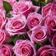 Obraz premium Cluster of pink roses with vibrant petals and green foliage, AI generated