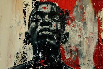 A dramatic black-and-white expressionist painting of an African American man, layered with bold red strokes, symbolizing power, struggle, and resilience.  .
