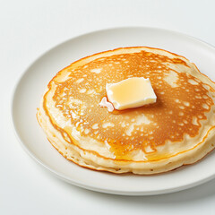 A pancake topped with a drizzle of maple syrup and a single pat of butter