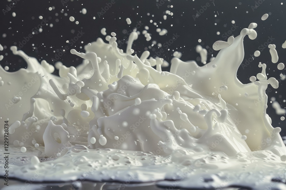 Poster milk is splashing and creating a dynamic shape against a dark background, perfect for showcasing dai