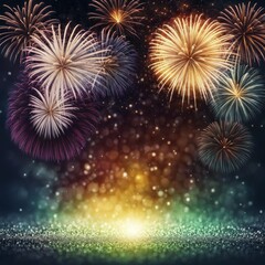 Fototapeta premium Vibrant fireworks fill the night sky, casting a warm glow with sparkles and bokeh effects, AI generated