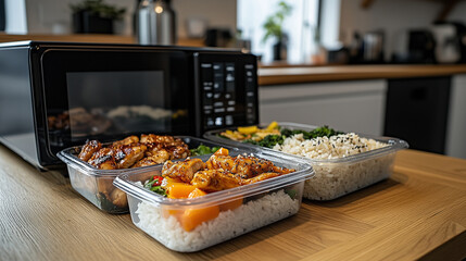 Healthy meal prep layout featuring stir-fried chicken and brown rice with microwave ready for use