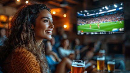 A young woman smiles as she watches a soccer game on a large screen at a bar, holding a glass of beer.