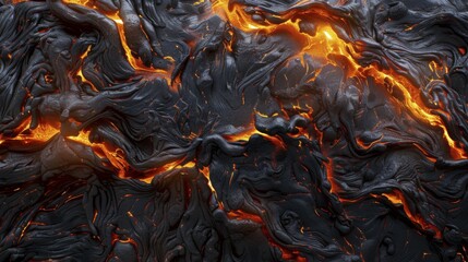Volcanic landscape with glowing orange lava cracks against rugged black textures, AI generated