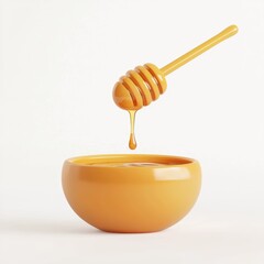 honey dipper drizzling honey into a bowl, placed on a bright white background