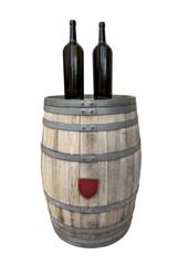 wine bottles on wooden wine barrel isolated on white background