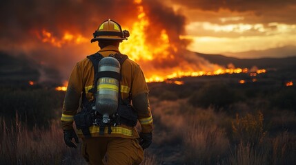 Naklejka premium Firefighter facing massive wildfire at sunset.