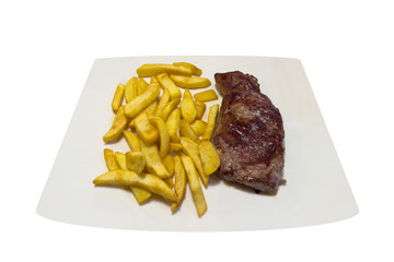 steak with fried potatoes on a plate isolated on white background