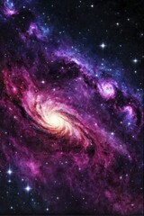 Naklejka premium A spiral galaxy with bright purple and pink cosmic clouds, filled with stars and nebulae against the dark night sky, AI generated