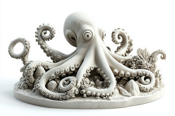Obraz premium Detailed sculpted octopus, tentacles curled, resting on an ocean floor base.