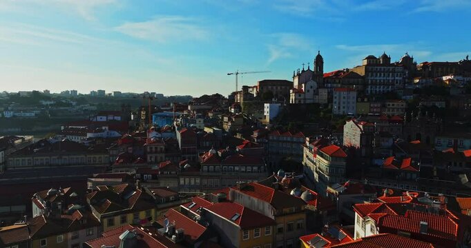 Morning Mist Sun Rays In Porto City Catholic Cathedral On A Hill Igreja Paroquial De Nossa Senhora Da Vitoria Porto City Aerial Zoom In