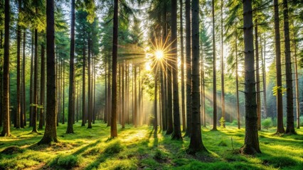 Fototapeta premium Dense forest with tall trees and sunlight filtering through leaves, leafy, evergreen, leafy, evergreen