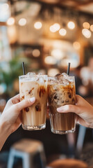 Friends enjoy iced coffee drinks at a cozy cafe using their hands to toast in a warm ambient setting during the afternoon