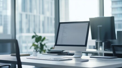 A sophisticated AI-powered chat terminal with a sleek interface in a clean, modern workspace, featuring advanced communication features and design