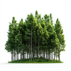 Fototapeta premium dense forest with tall green trees and sunlight streaming through the canopy, isolated on a clean white background