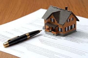 Miniature house resting on a contract with a pen, symbolizing real estate purchase agreement