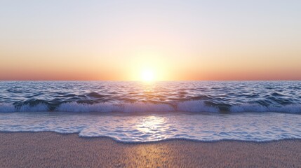 Fototapeta premium Peaceful Ocean Sunset: Waves on Sandy Beach