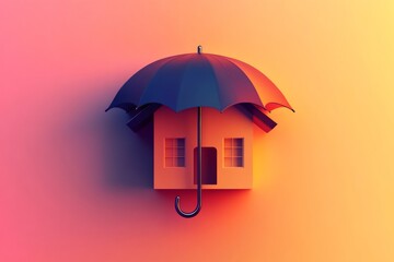 Black umbrella protecting orange house on gradient background representing home insurance