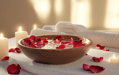 luxurious spa setup with a wooden bowl filled with water, rose petals, and floating candles, placed on a white towel with soft beige gradient background. Valentines Day and 8 March theme