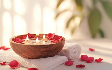 luxurious spa setup with a wooden bowl filled with water, rose petals, and floating candles, placed on a white towel with soft beige gradient background. Valentines Day and 8 March theme