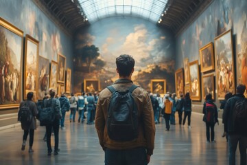 Tourist wearing backpack contemplating paintings in louvre museum paris france