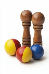 Colorful Wooden Bowling Pins and Balls on White Background