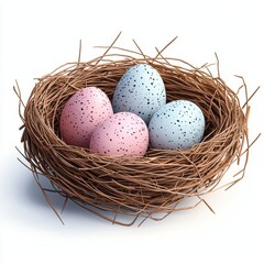 Fototapeta premium fluffy nest with tiny pastel-colored eggs, symbolizing spring, placed on a clean white background