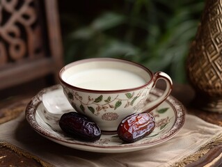Fototapeta premium Dates and milk on a decorative plate for iftar with intricate patterns displayed beside greenery. Generative AI