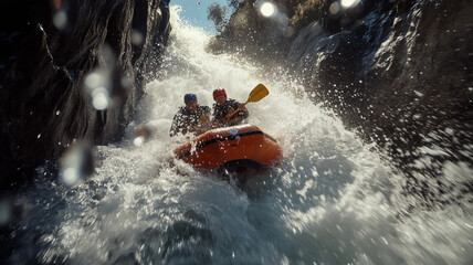 Fototapeta premium 急流の滝を果敢に下るラフティングチームの挑戦