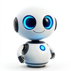 friendly robot with a round white body, blue glowing eyes, and a digital smile, isolated on a clean white background