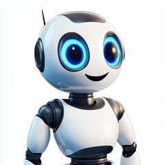 friendly robot with a round white body, blue glowing eyes, and a digital smile, isolated on a clean white background