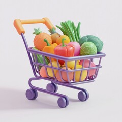 full shopping cart with colorful fruits and vegetables, isolated on a clean white background