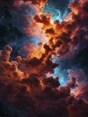 Obraz premium Vibrant orange and blue cosmic clouds in space, creating an abstract and ethereal scene with stars in the background, AI generated