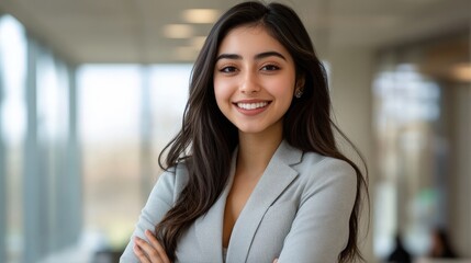 Obraz premium Professional woman confidently smiling in a modern office environment. Ideal for corporate, diversity, leadership, and HR materials. Appeals to business professionals and recruiters.