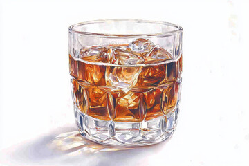 Whiskey on the rocks in a cut-glass tumbler.