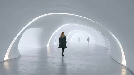 Obraz premium Woman Walking Through a White Modern Architectural Tunnel Design with Curved Walls and Ceilings