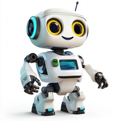 Fototapeta premium futuristic recycling robot with built-in compartments for sorting trash, smiling warmly, centered on a bright white background