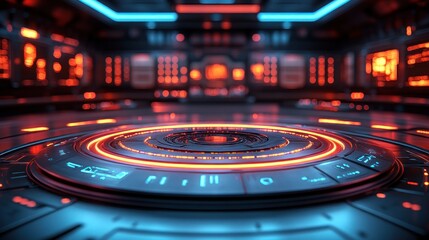 Futuristic control room with illuminated circular interface.